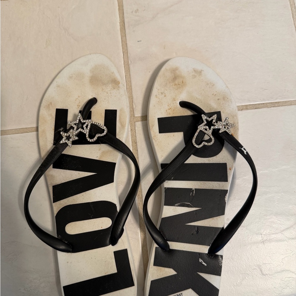 Victoria’s Secret PINK Black and White Flip Flops with Star& Heart Accents